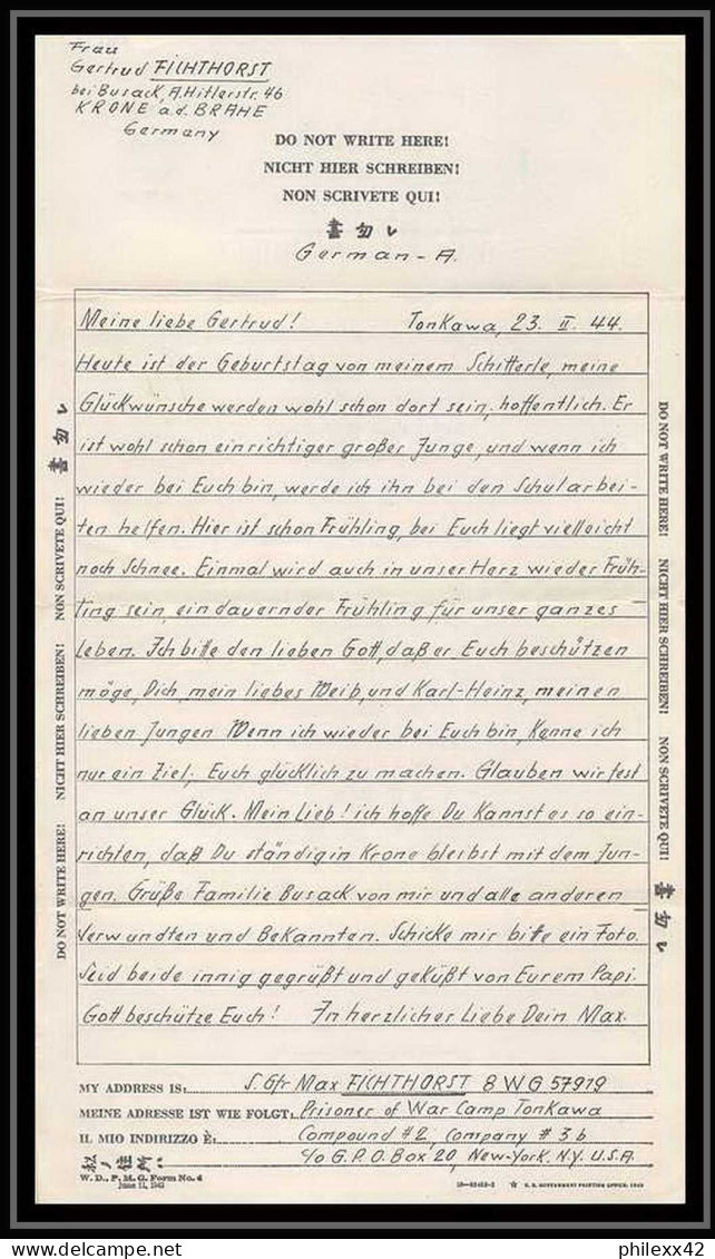 6886/ Lettre (cover Briefe) Tonkawa Japan Usa Allemagne Prisoner Of War Prisonniers 1944 Censuré Censor 11303 - Militaire Vrijstelling Van Portkosten