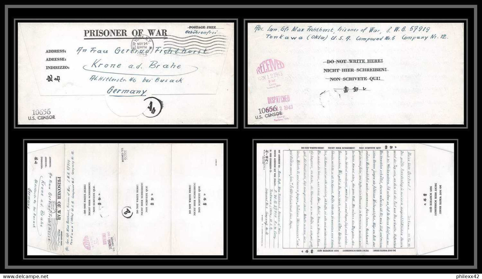 6893/ Lettre (cover Briefe) Tonkawa Japan Usa Allemagne Prisoner Of War Prisonniers 1943 Censuré Censor 10656 - Franchise Militaire