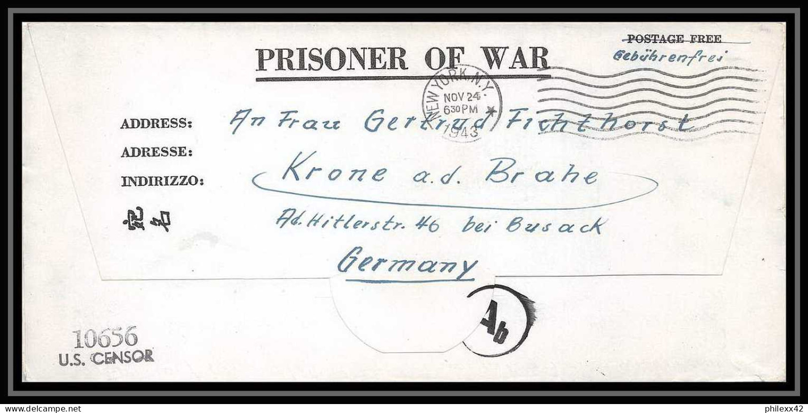 6893/ Lettre (cover Briefe) Tonkawa Japan Usa Allemagne Prisoner Of War Prisonniers 1943 Censuré Censor 10656 - Militaire Vrijstelling Van Portkosten