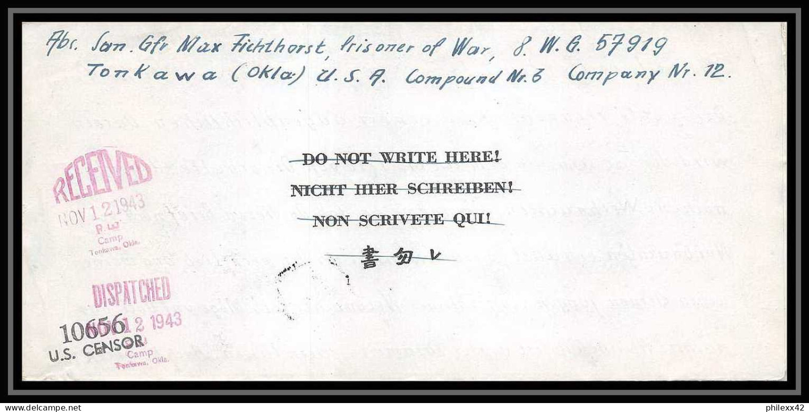 6893/ Lettre (cover Briefe) Tonkawa Japan Usa Allemagne Prisoner Of War Prisonniers 1943 Censuré Censor 10656 - Militaire Vrijstelling Van Portkosten