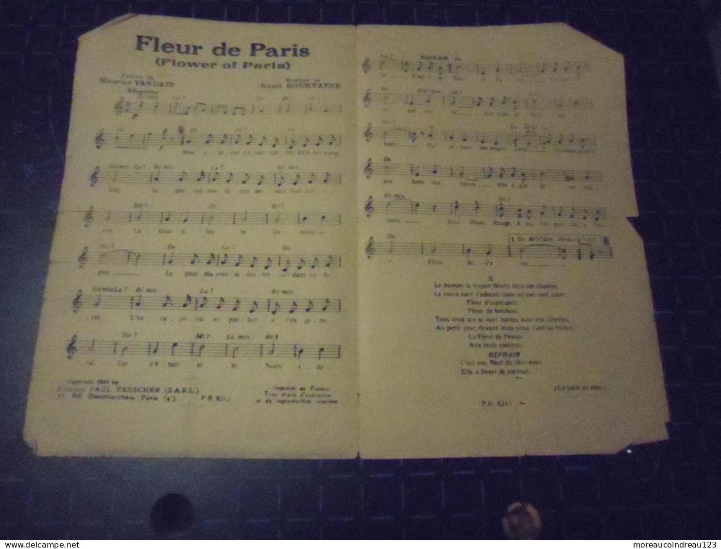 Partissions " Fleur De Paris "  Paroles Et Musique - Sonstige & Ohne Zuordnung