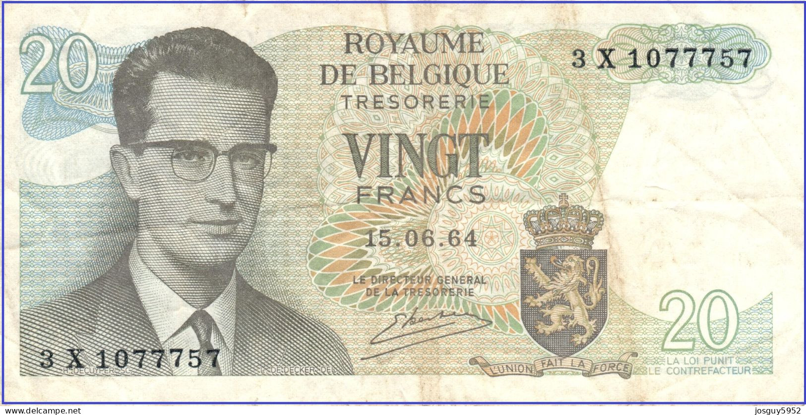 BELGIE - 20 FR 1964 - Nr 3X1077757 - Autres & Non Classés