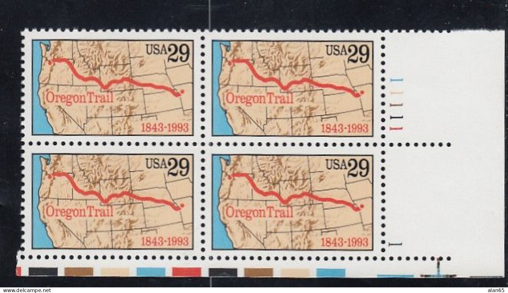 Sc#2747, Oregon Trail US Pioneer Settlement Exploration, 29-cent Plate Number Block Of 4 MNH Stamps - Plattennummern