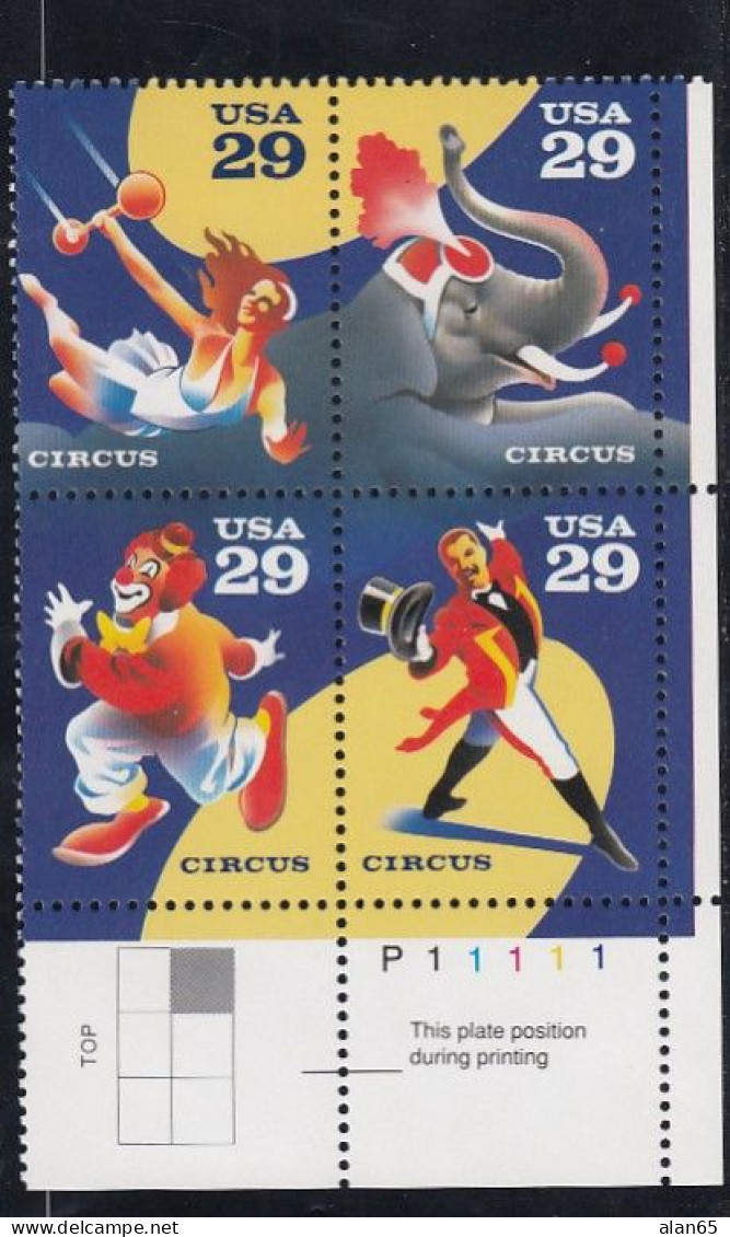 Sc#2750-2753, Circus Issue, Clown Acrobat Elephant, 29-cent Plate Number Block Of 4 MNH Stamps - Números De Placas