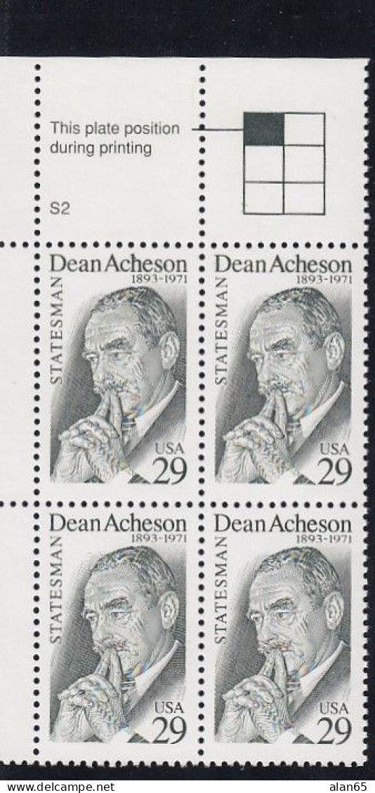 Sc#2755, Dean Acheson US Secretary Of State, Diplomacy, 29-cent Plate Number Block Of 4 MNH Stamps - Numéros De Planches
