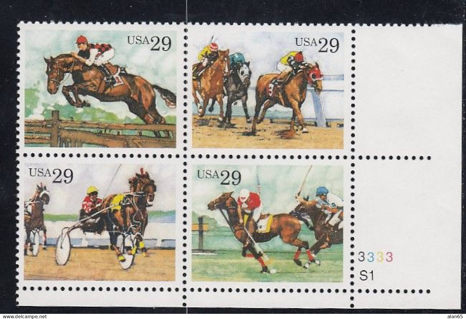 Sc#2756-2759, Sporting Horses, Equestrian Sports, Polo, Racing, 29-cent Plate Number Block Of 4 MNH Stamps - Números De Placas