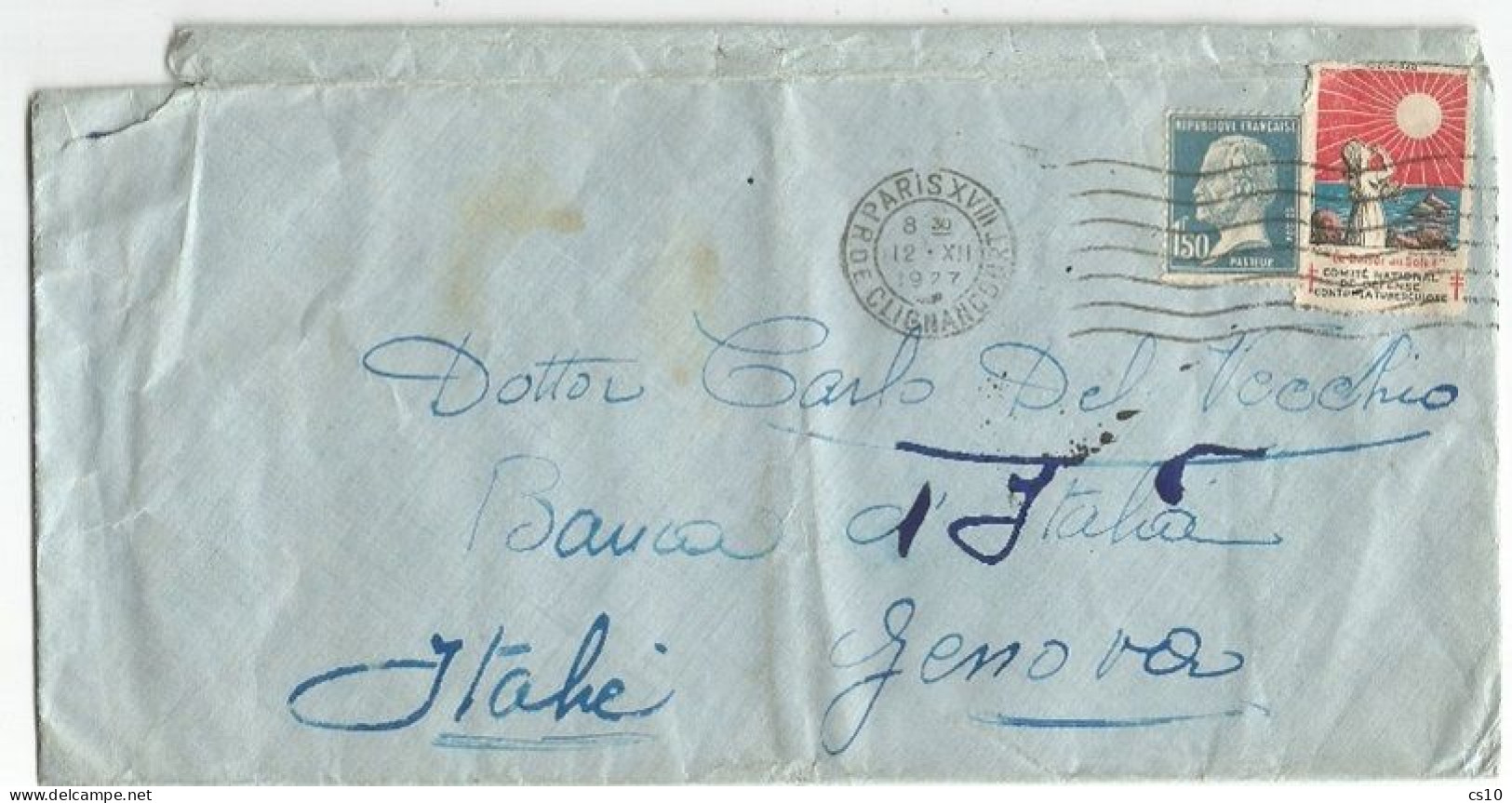 Tuberculosis Tuberculose Label France 1927 Sur Lettre Pour L'Italie Avec Pasteur C.50 - Briefe U. Dokumente