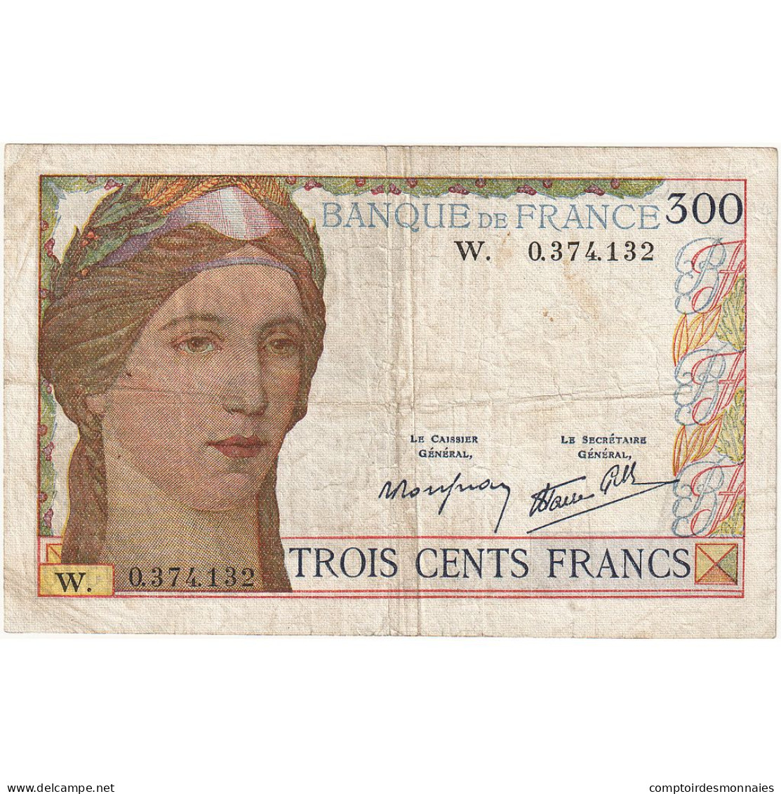 France, 300 Francs, Cérès, 1938, W, TB+, Fayette:29.2, KM:87r - 300 F 1938-1939