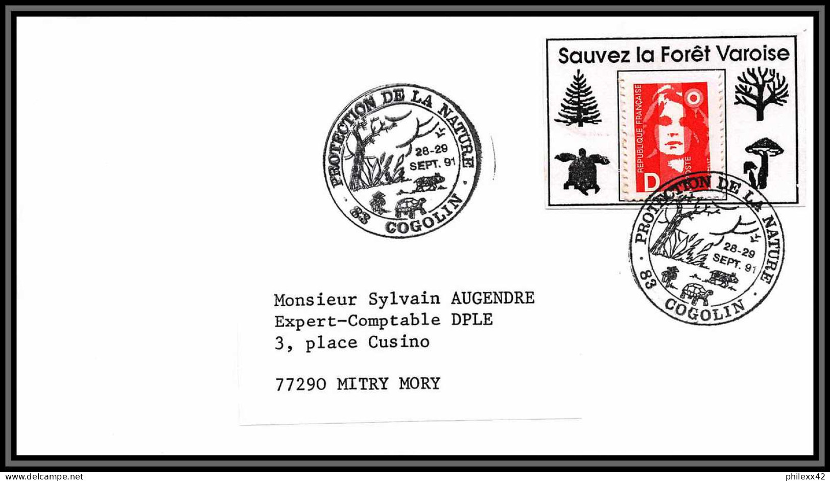 72566 Porte Timbres Sauvez La Foret Varoise Cogolin 1991 Marianne Du Bicentenaire Lettre Cover France - 1989-1996 Marianne Du Bicentenaire