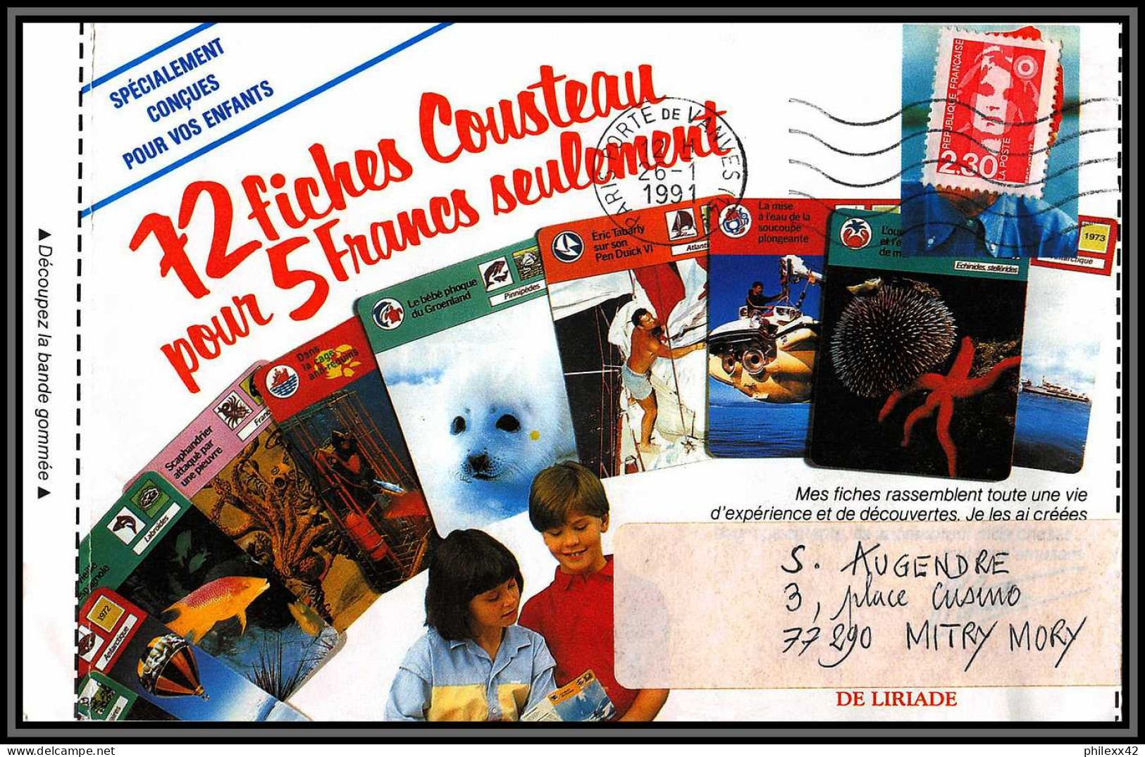 72633 Porte Timbres 12 Fiches Cousteau Marianne Du Bicentenaire Lettre Cover France - 1989-1996 Marianne Du Bicentenaire