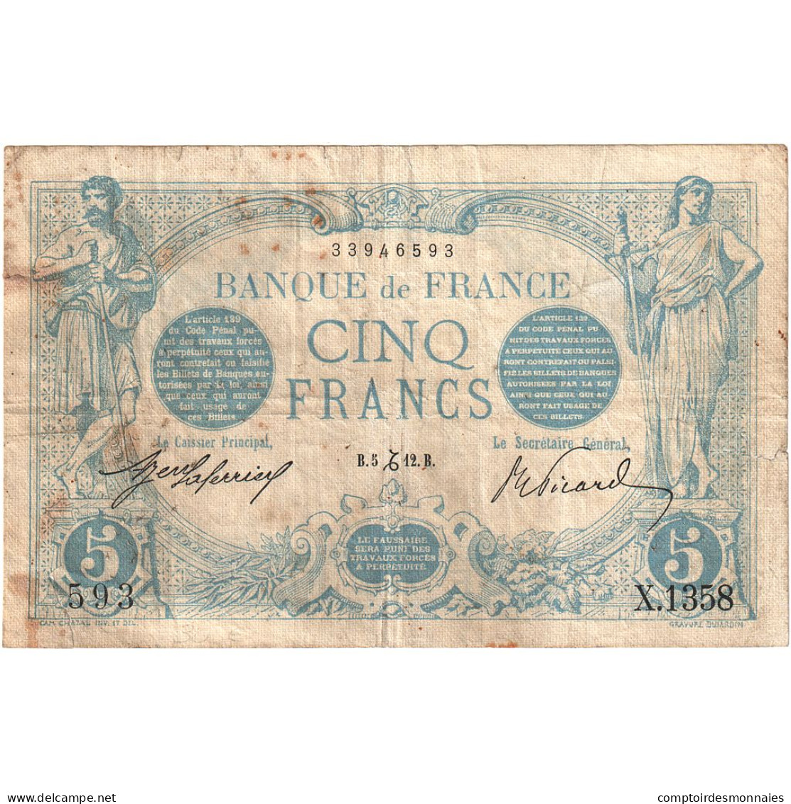 France, 5 Francs, Bleu, 1912, X.1358, TB+, Fayette:02.12, KM:70 - 5 F 1912-1917 ''Bleu''