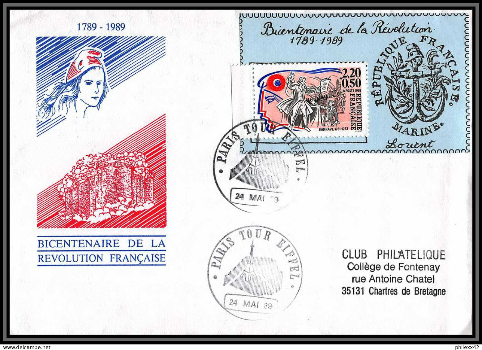 73393 Porte Timbres Bicentenaire De La Révolution Marine Lorient Paris Tour Eiffel 1989 Lettre Cover France  - Révolution Française