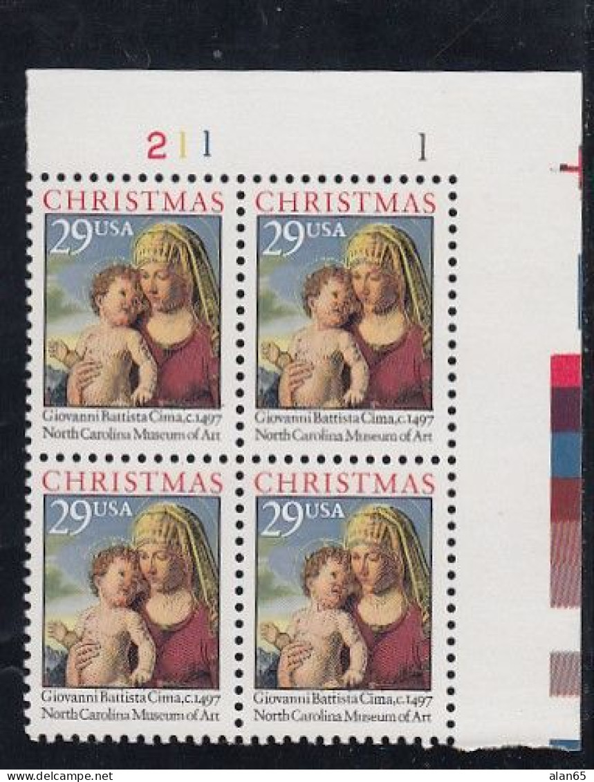 Sc#2789, Chirstmas Issue, Madonna And Child, 29-cent Plate Number Block Of 4 MNH Stamps - Plaatnummers