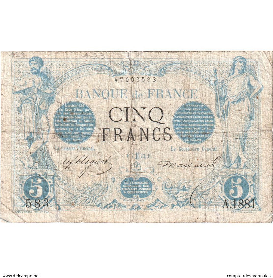 France, 5 Francs, Noir, 1873, A.1881, B, Fayette:1.15, KM:60 - 20 F 1874-1905 ''Noir''