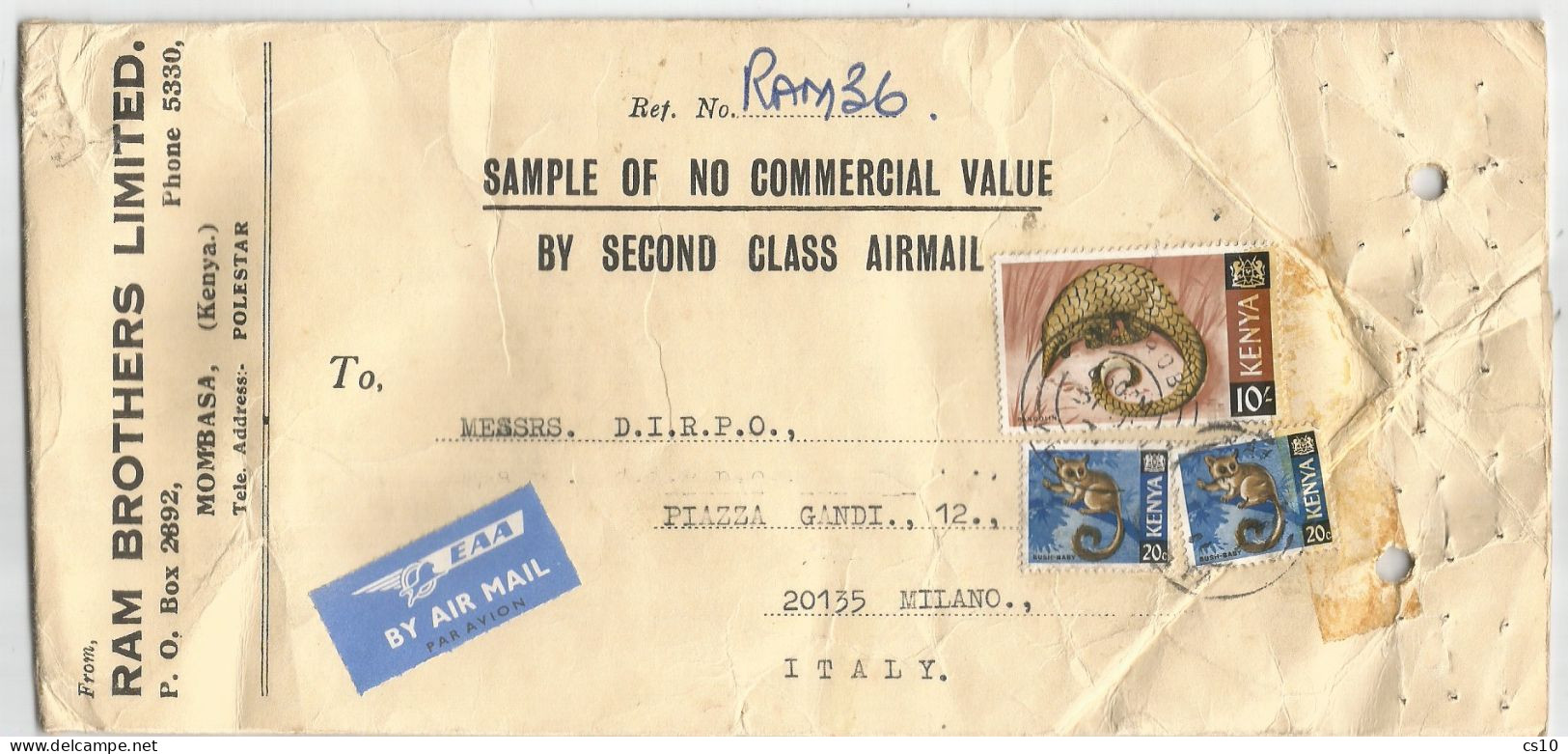 AirMail FREE Sample Echantillon Campione S.V. Carton Bag X Coffee Products Mombasa Kenya 31jul1971 X Italy - Kenya (1963-...)