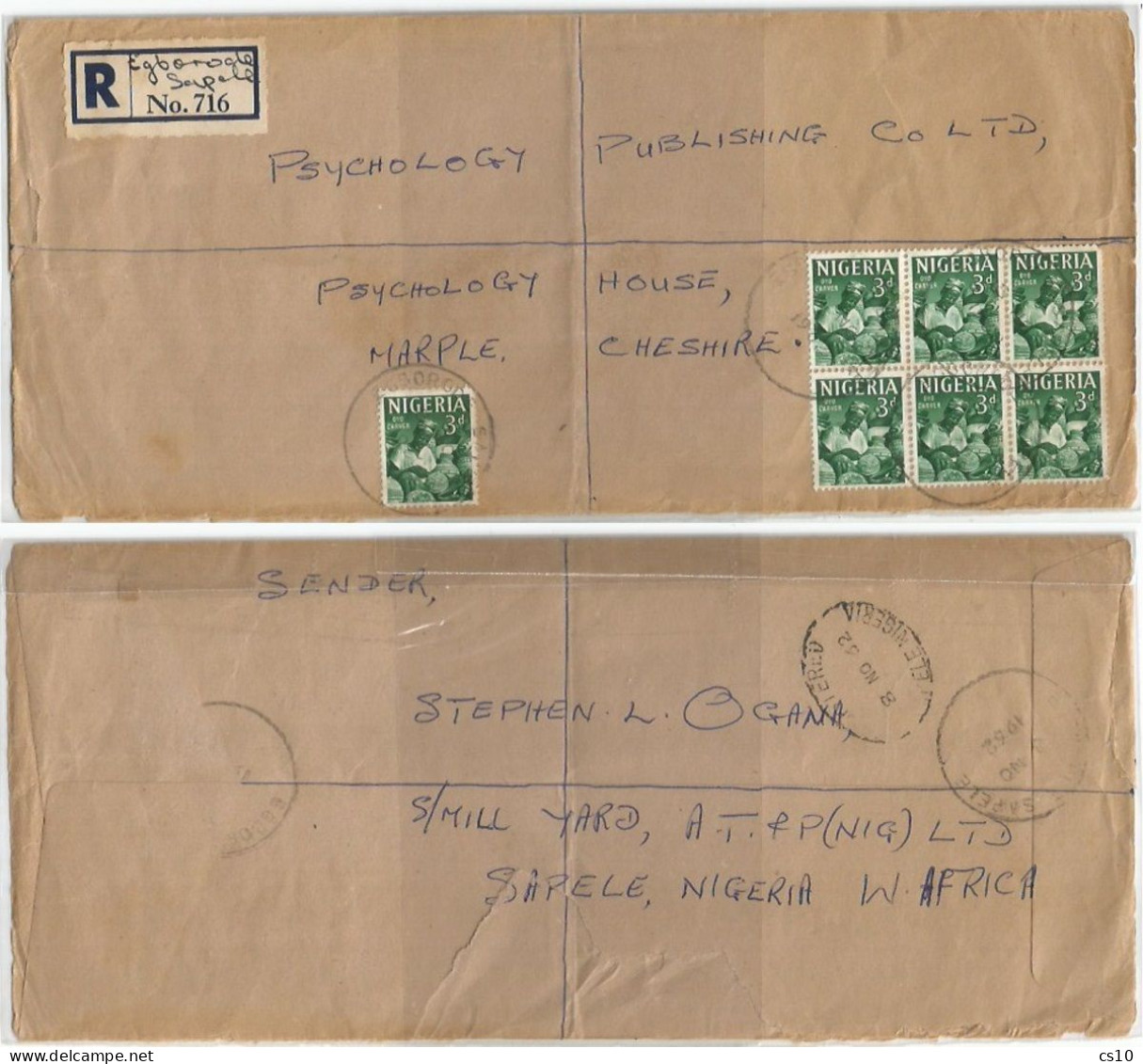 Nigeria Registered CV Egborode Sapele 8nov1962 X UK Nicely Franked With Oyo Carver D3 In Block6 +1 - Nigeria (1961-...)