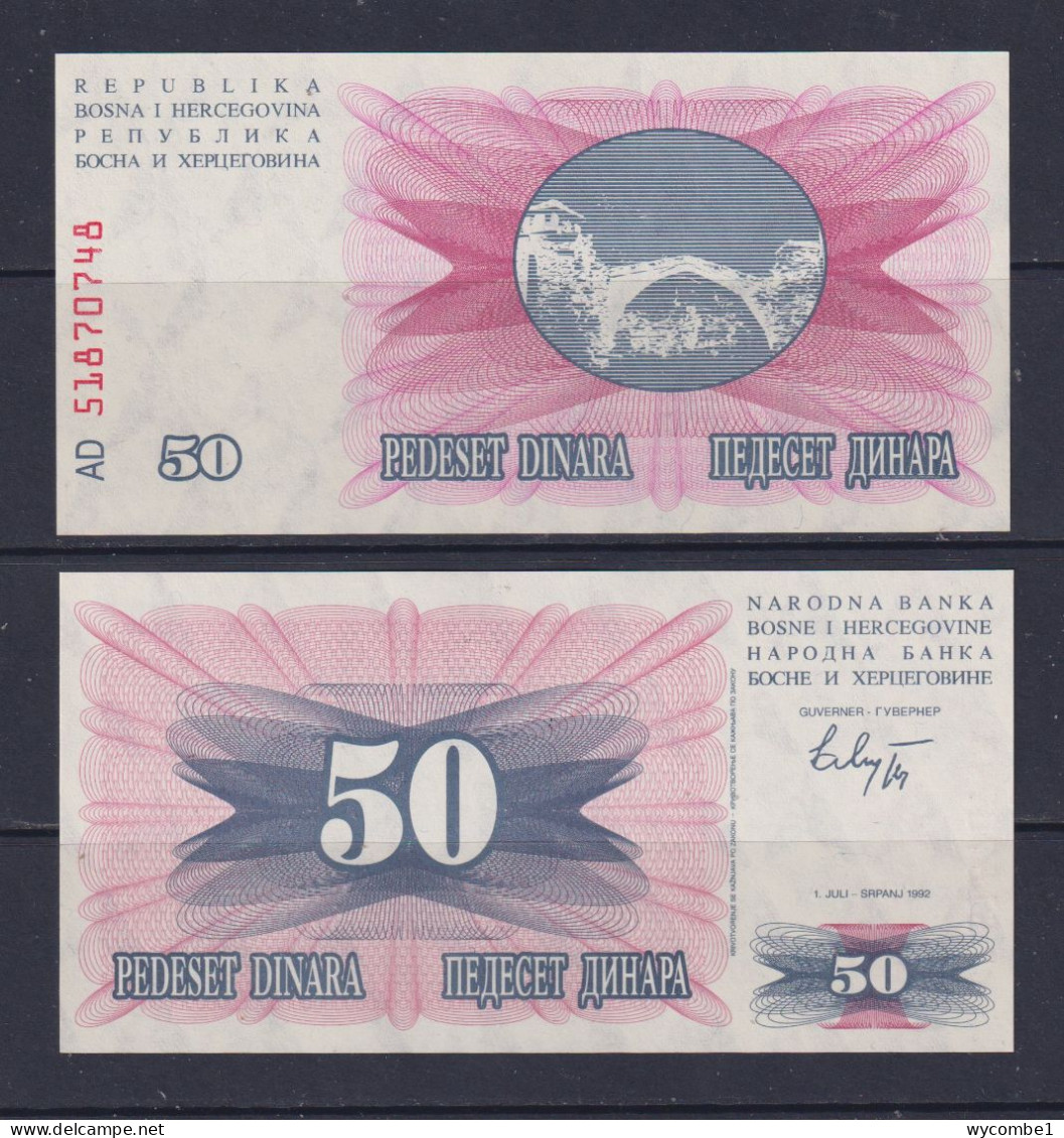 BOSNIA HERZOGOVINA  -  1992 50 Dinara UNC/aUNC  Banknote - Bosnia And Herzegovina