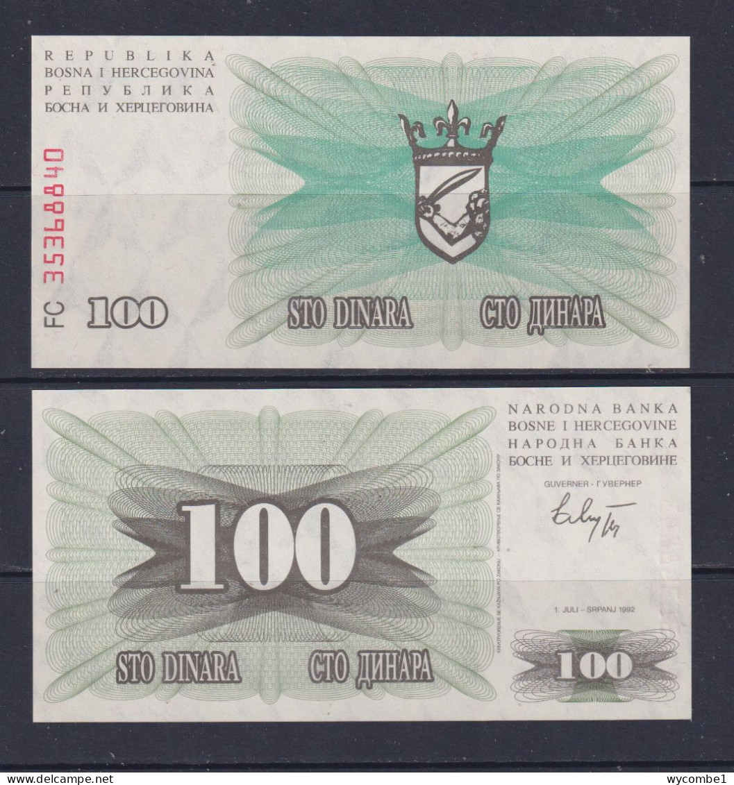 BOSNIA HERZOGOVINA  -  1992 100 Dinara UNC/aUNC  Banknote - Bosnië En Herzegovina