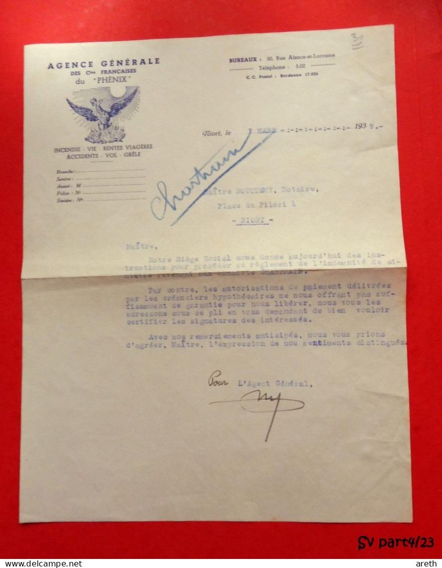 Lettre à En-tête  De L'Agence Générale Des Compagnies Françaises Du "PHENIX" - 1939 - Banque & Assurance
