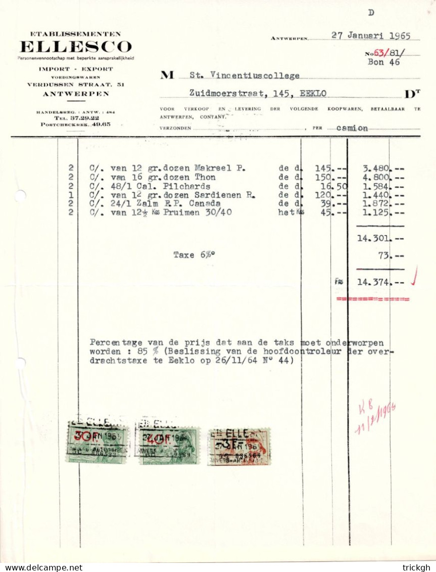 Ellesco Antwerpen 1965 / Makreel Tonijn Pilchards Sardienen Zalm Pruimen Poisson Pruneaux - Dokumente