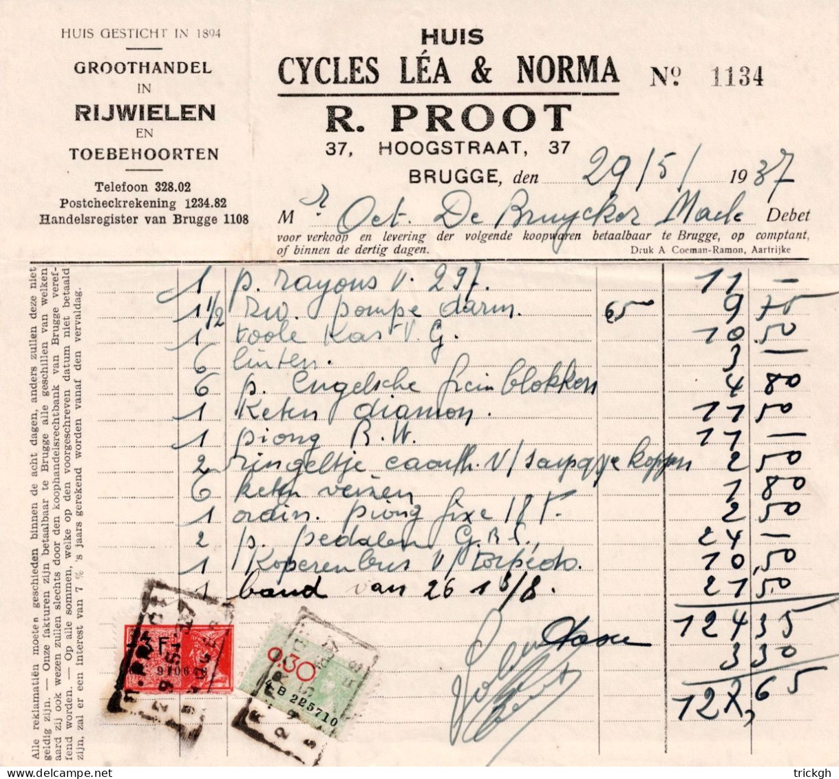 Proot Brugge 1937 / Cycles Léa Norma / Fiets Bicyclette - Documentos
