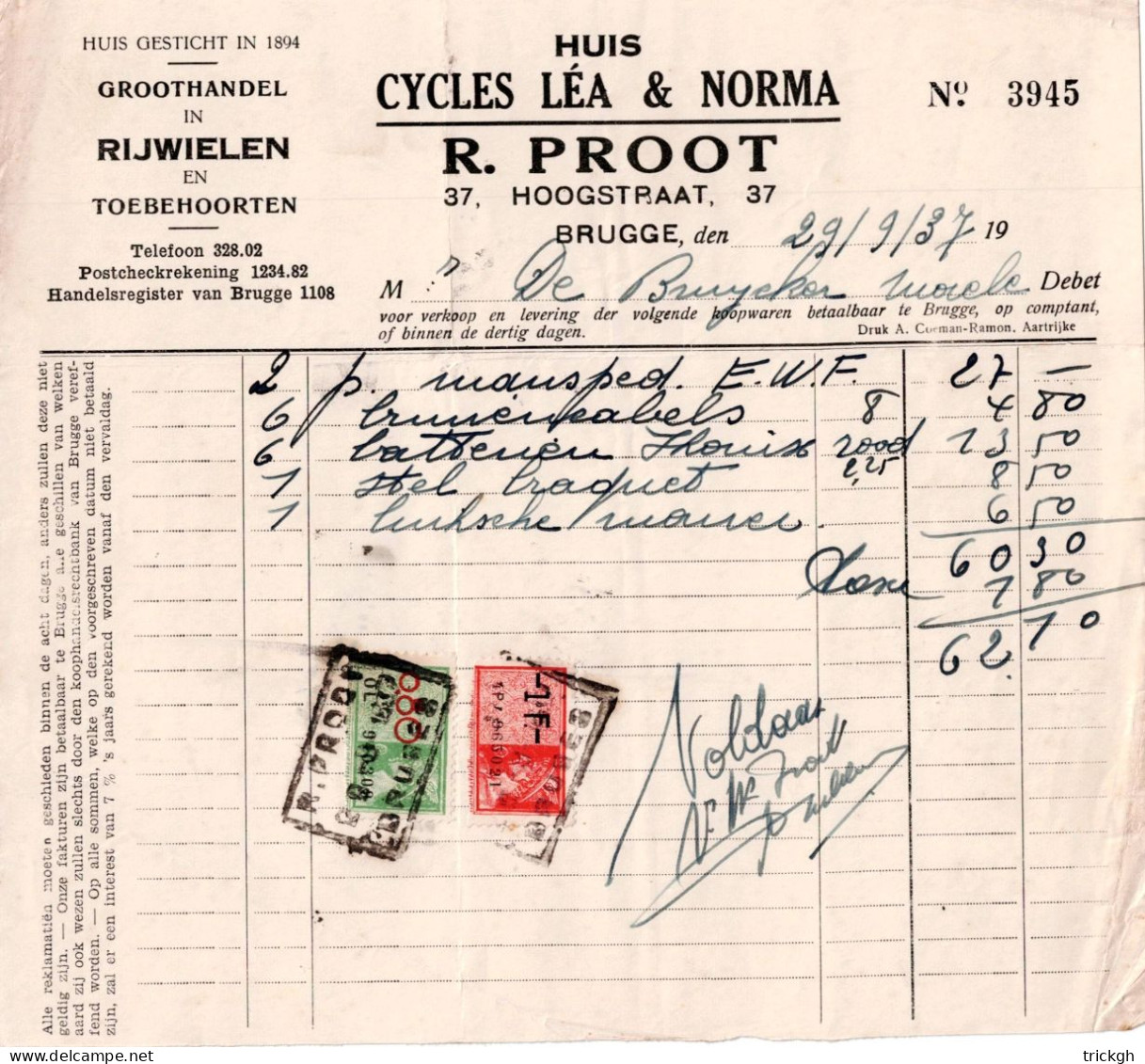 Proot Brugge 1937 / Cycles Léa Norma / Fiets Bicyclette - Documentos