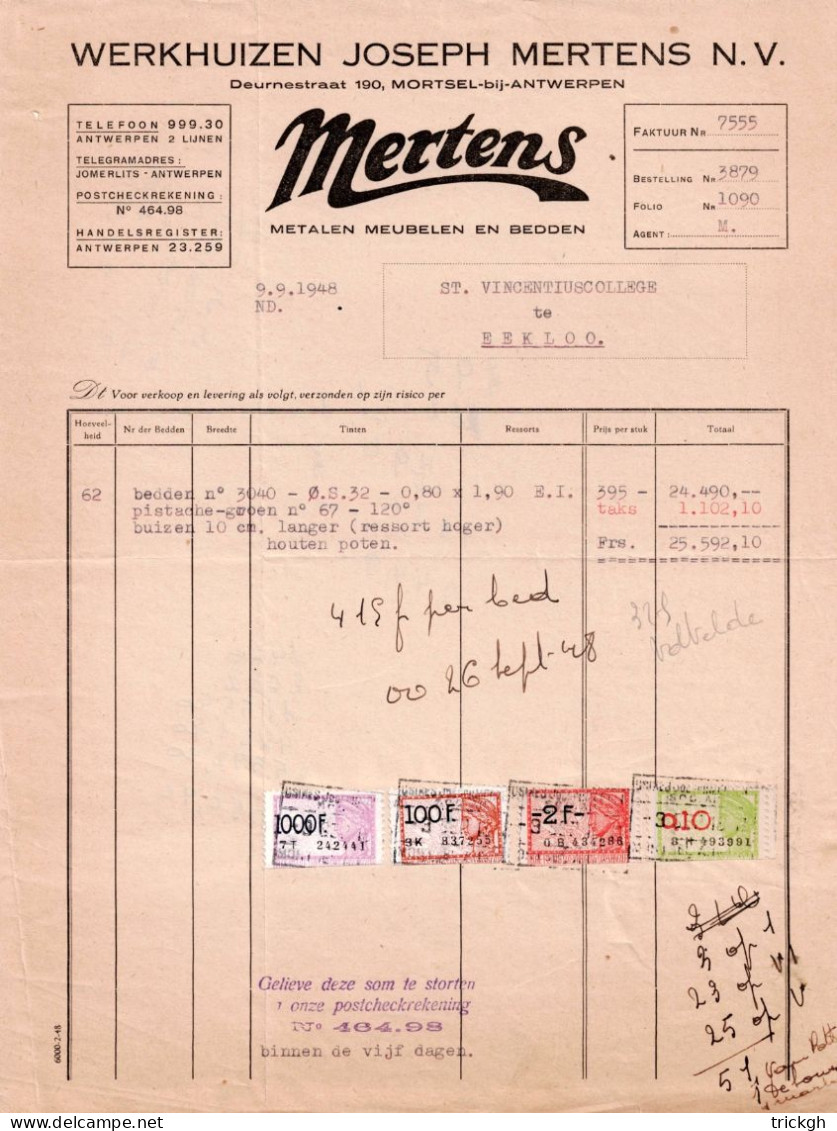 Mertens Mortsel 1948 / Meubelen Bedden - Documenti