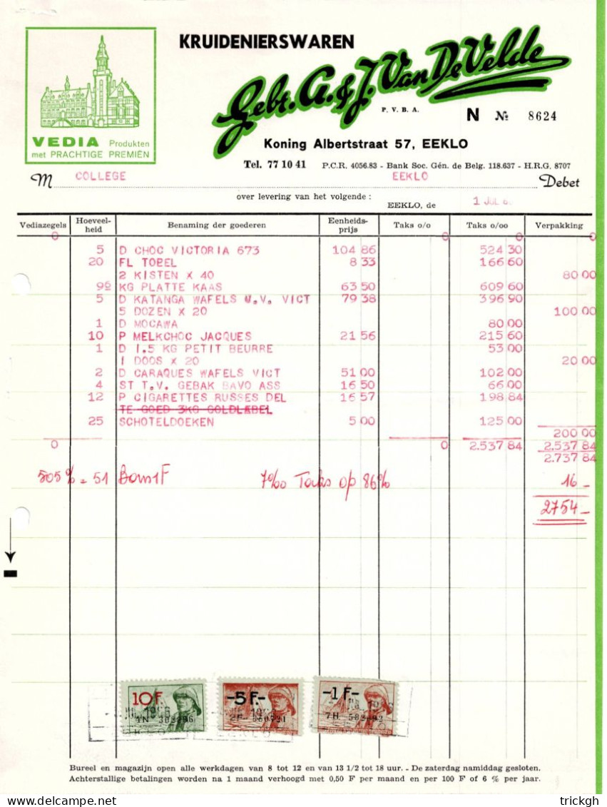 Van De Velde Eeklo 1966 / Kruidenierswaren Kaas Wafels Chocolade Cigarettes Fromage Gaufres Chocolat - Documentos