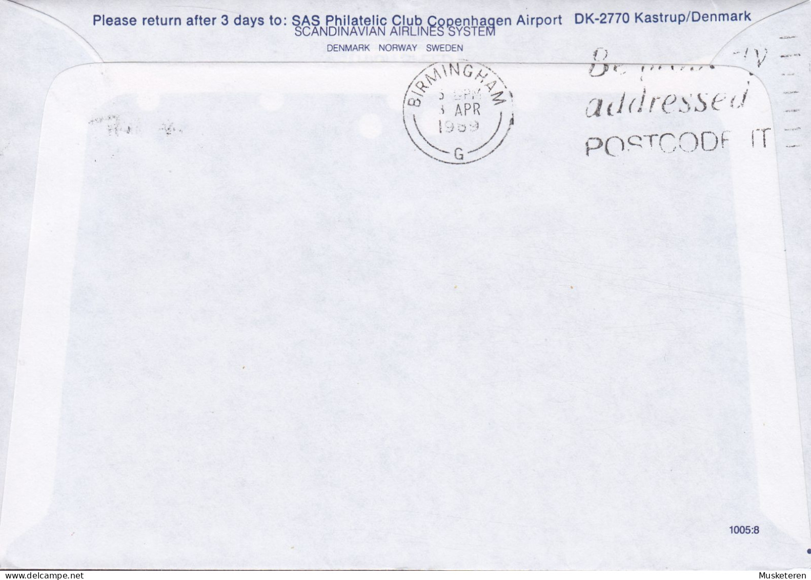 Denmark SAS First DC-9 Flight COPENHAGEN-BIRMINGHAM 1989 Cover Brief Lettre BIRMINGHAM (Arr.) Salvation Army Heils Armé - Airmail