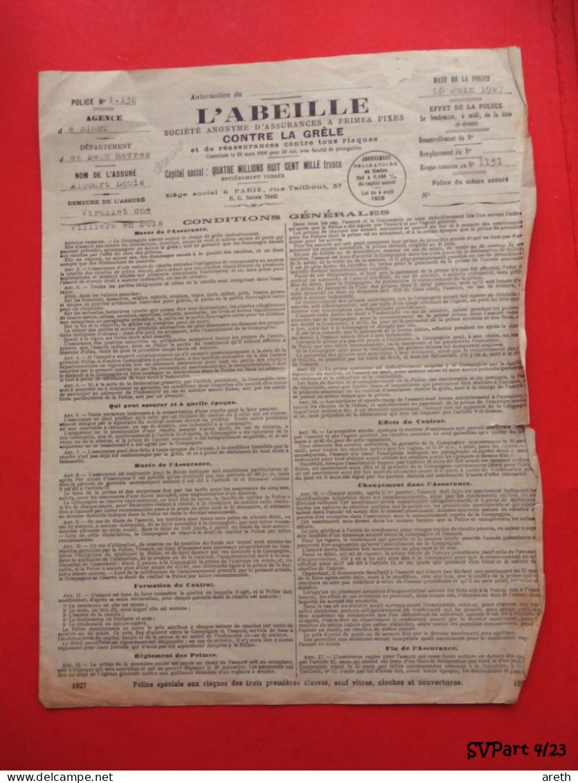 Contrat D'Assurance Contre La Grêle  L'ABEILLE  - 4 Pages - 1929 - Bank & Insurance