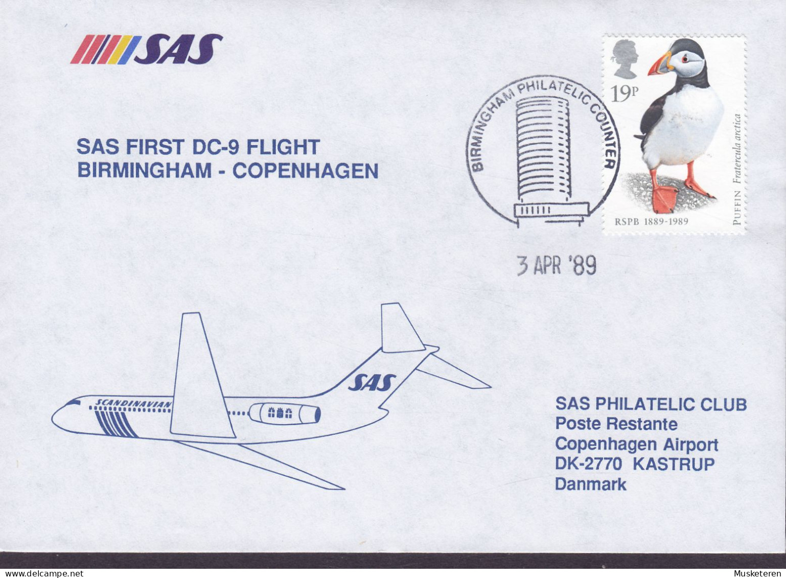 Great Britain SAS First DC-9 Flight BIRMINGHAM-COPENHAGEN 1989 Cover Brief Lettre Bird Vogel Oiseau Puffin - Covers & Documents