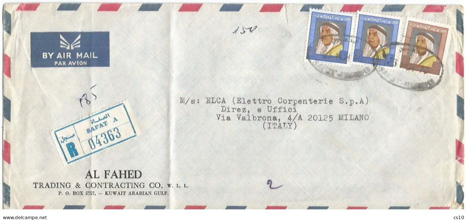 Kuwait Registered AirMail Commerce CV Safat 23mar1970 X Italy With Regulara Issue F.90x2 + F.5 - Kuwait