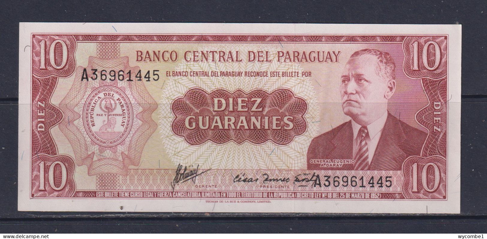 PARAGUAY -  1952-63 10 Guaranies UNC/aUNC  Banknote - Paraguay