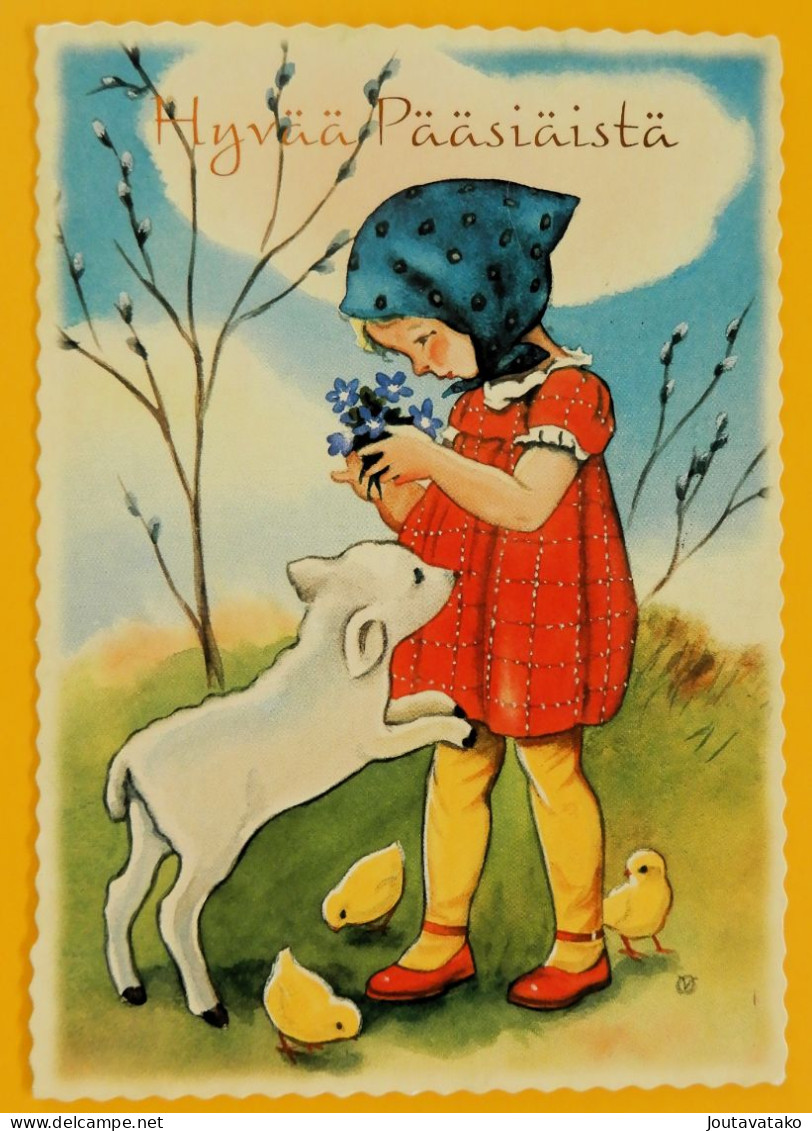 A Girl, A Lamb And Chicks. Happy Easter - Association Of Cancer Patients In Finland Postal Stationery - Used 2013 - Entiers Postaux