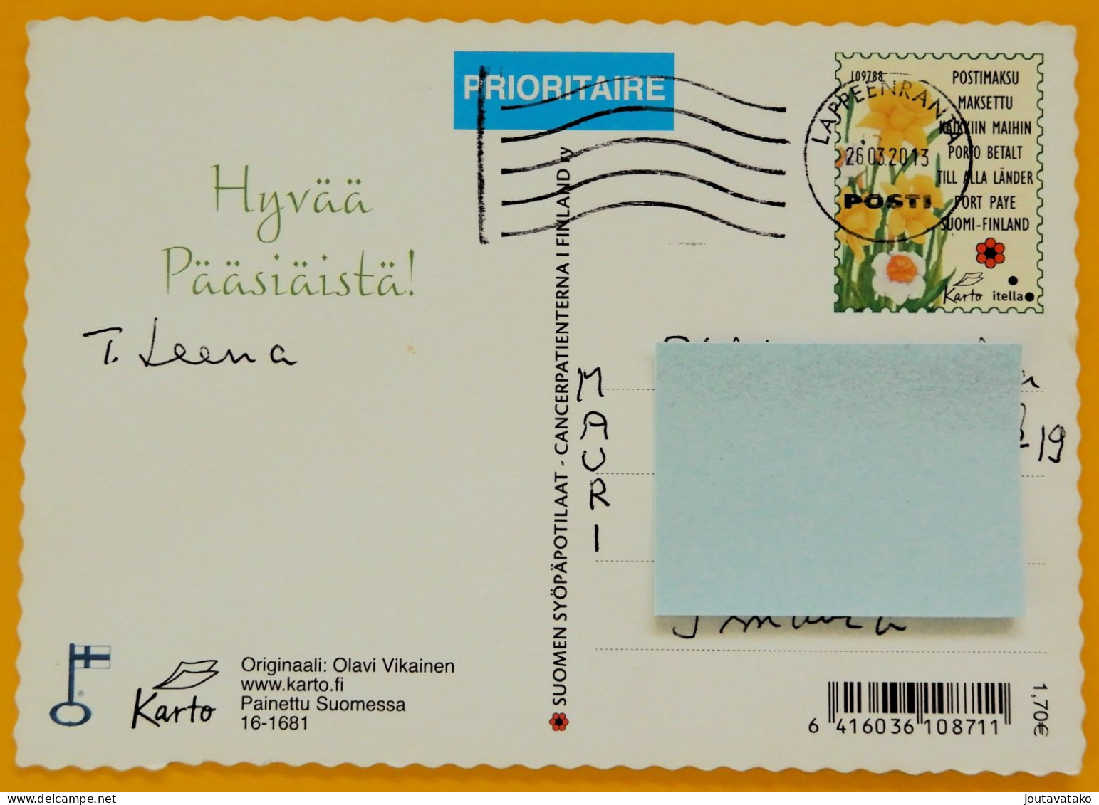 A Girl, A Lamb And Chicks. Happy Easter - Association Of Cancer Patients In Finland Postal Stationery - Used 2013 - Enteros Postales