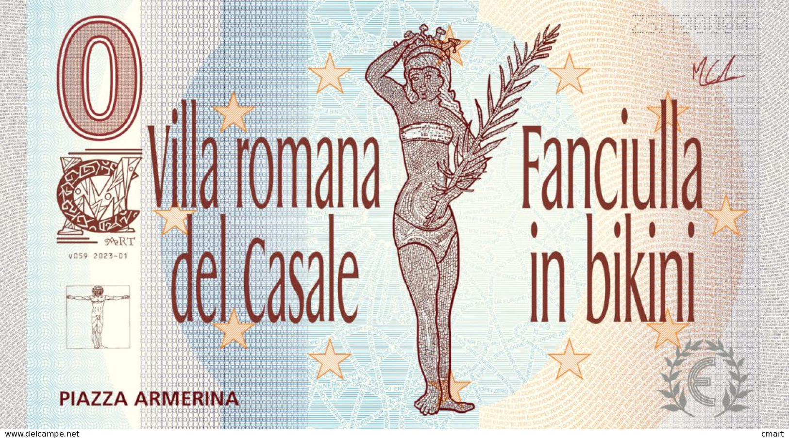 Banconota Zero Euro Souvenir  "CMART"  Ricordo Di Piazza Armerina - Villa Romana Del Casale E Fanciulla In Bikini - Essais Privés / Non-officiels