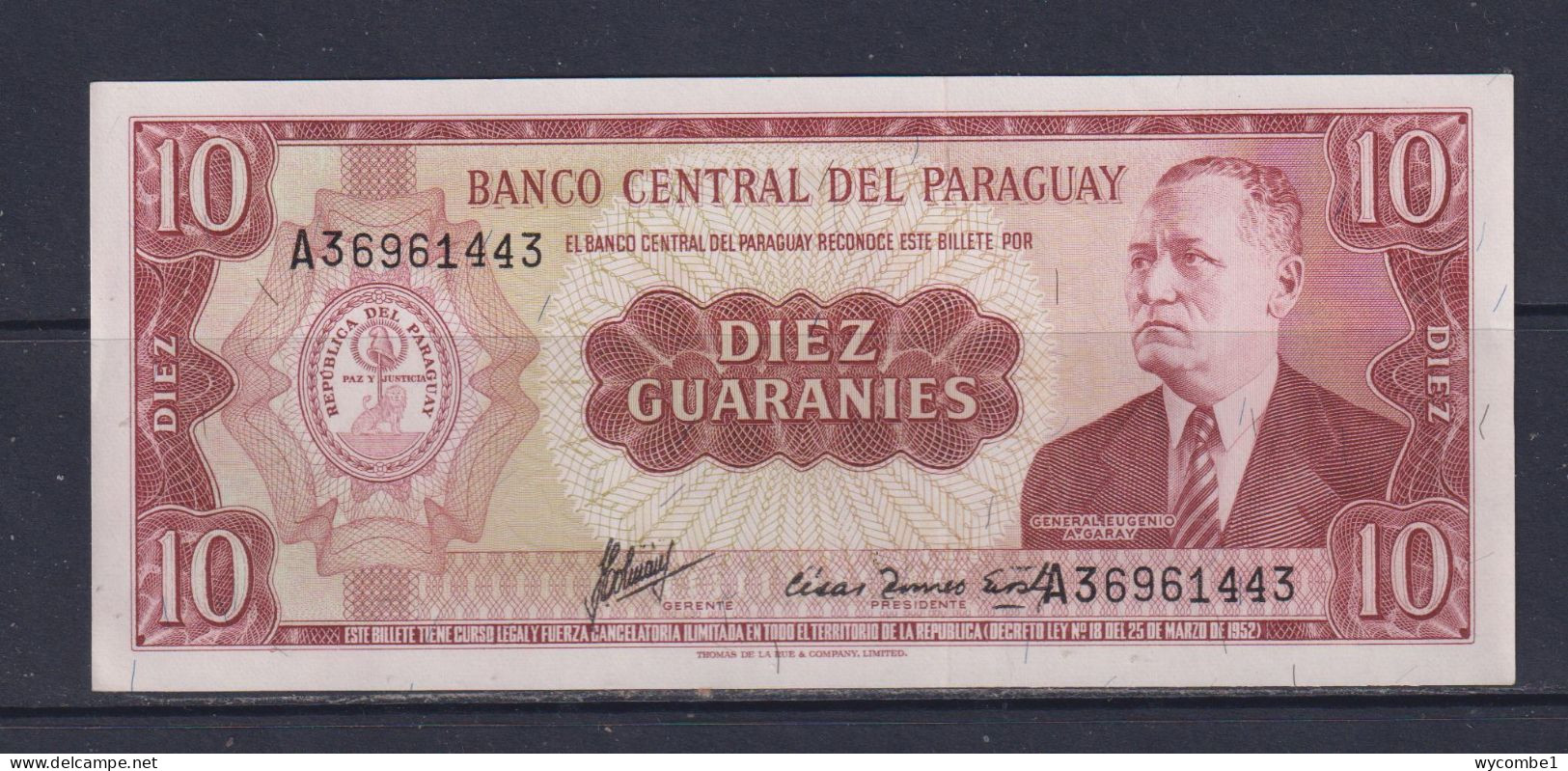 PARAGUAY -  1952-63 10 Guaranies UNC/aUNC  Banknote - Paraguay