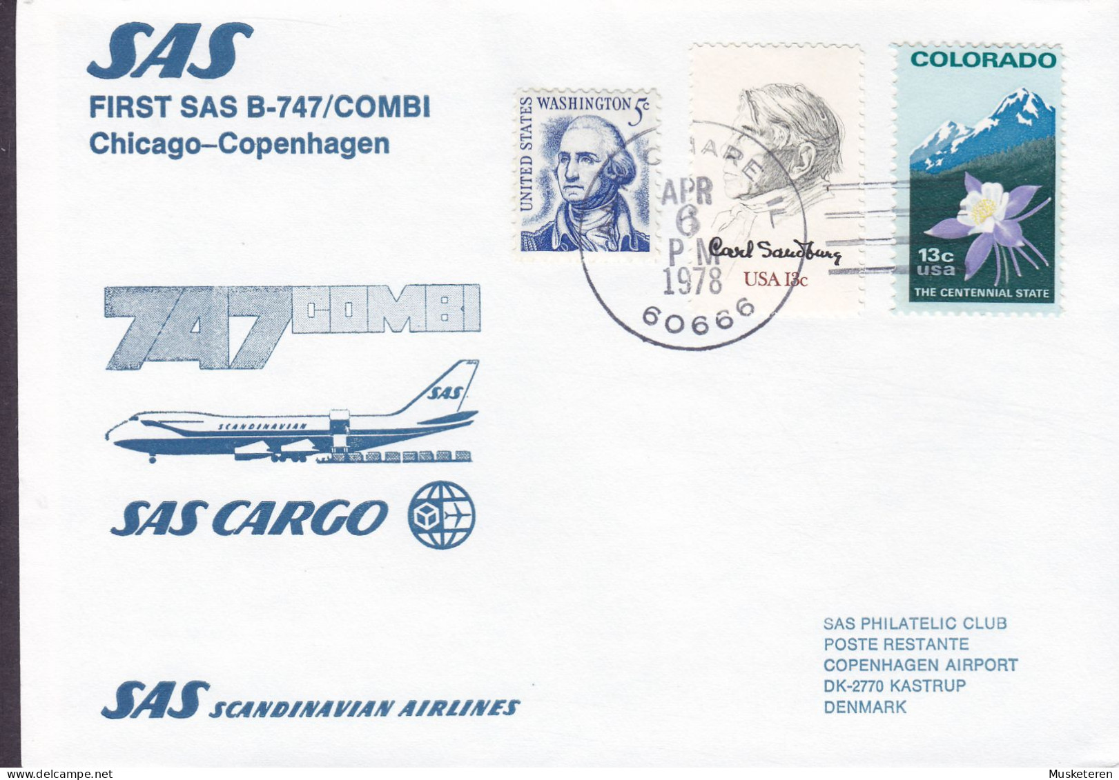 United States First SAS Cargo B-747/Combi Flight CHICAGO - COPENHAGEN 1978 Cover Brief Lettre - FDC