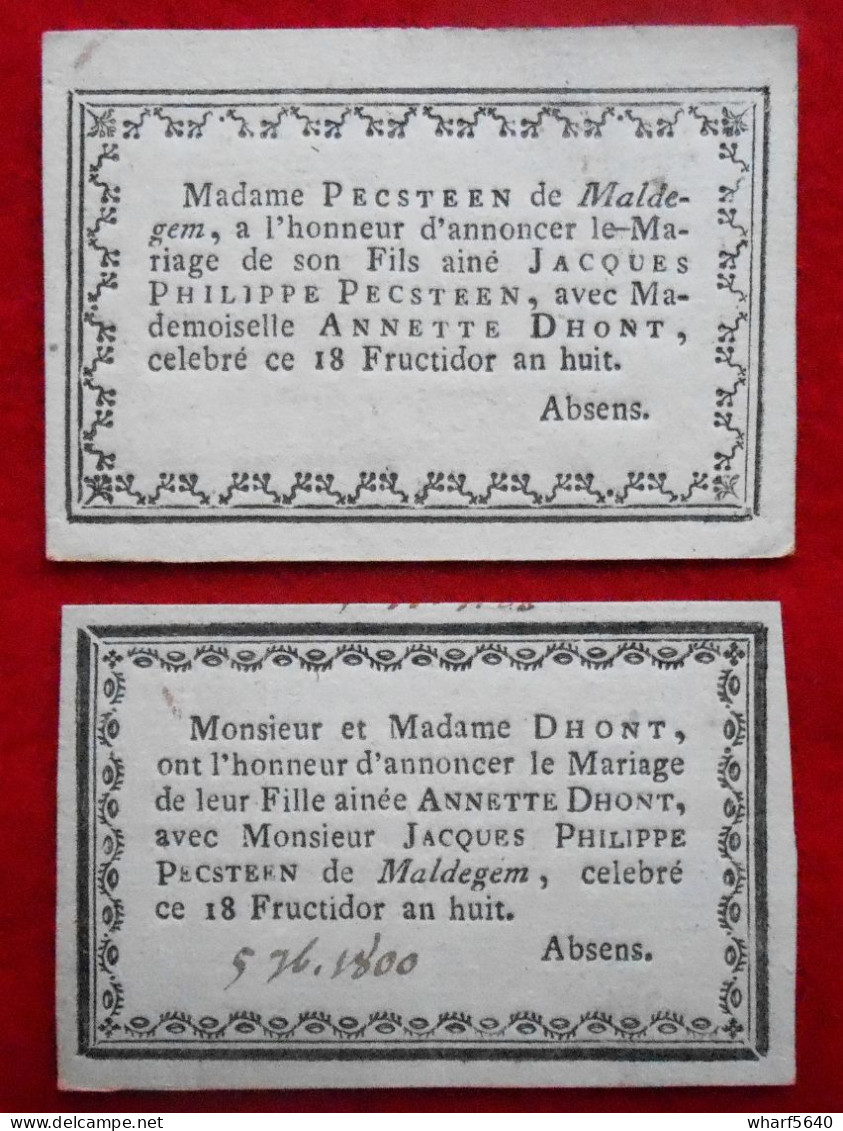 Noblesse.18 Fructidor An Huit (1800) Mariage Jacques Philippe Pecsteen De Maldegem & Annette Dhont - Mariage