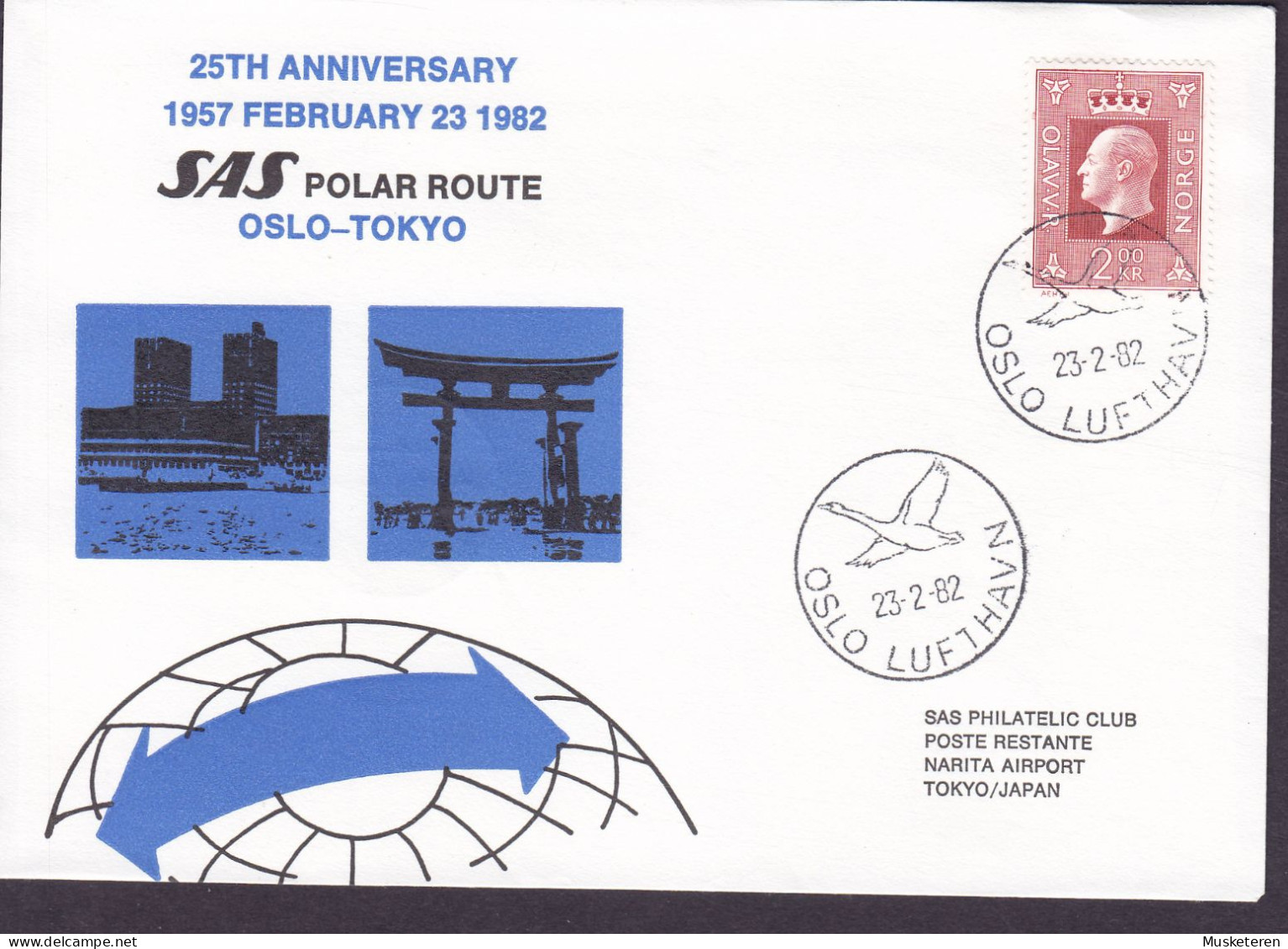 Norway SAS Polar Route Flight OSLO-TOKYO, OSLO LUFTHAVN 1982 Cover Brief Lettre - Lettres & Documents