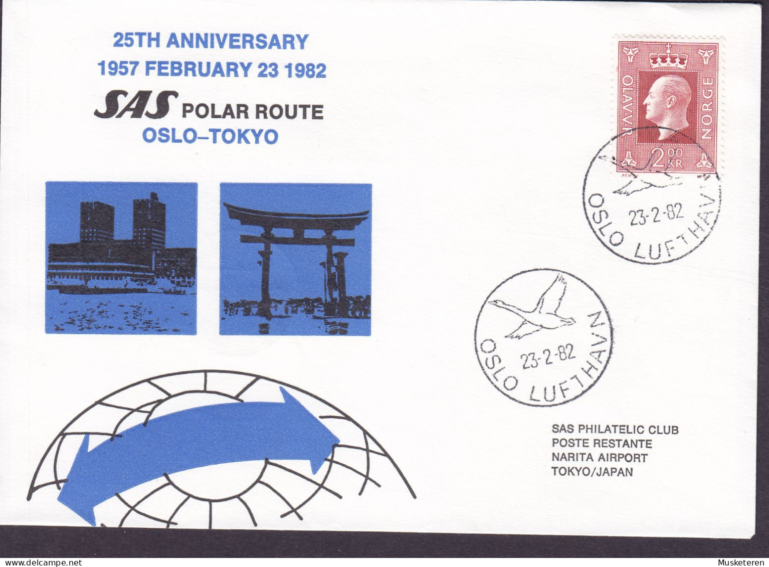 Norway SAS Polar Route Flight OSLO-TOKYO, OSLO LUFTHAVN 1982 Cover Brief Lettre - Brieven En Documenten