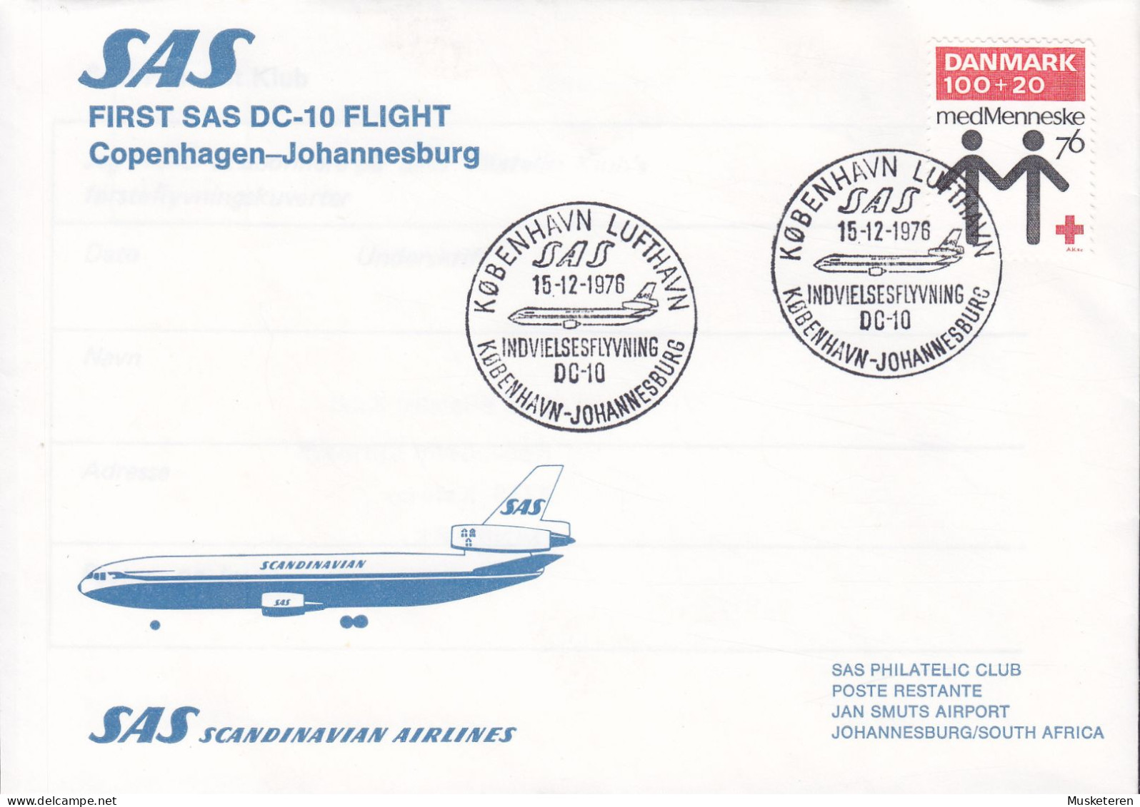 Denmark First SAS DC-10 Flight COPENHAGEN-JOHANNESBURG 1976 Cover Brief Lettre JOHANNESBURG (Arr.) Red Cross Rotes Kreuz - Luchtpostzegels