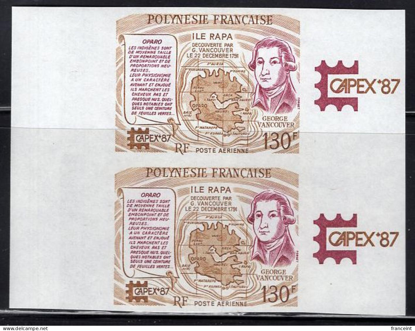 FRENCH POLYNESIA(1987) George Vancouver. Map Of Rapa Island. Imperforate Pair. Capex 87. Scott No C225, Yvert No PA197 - Imperforates, Proofs & Errors