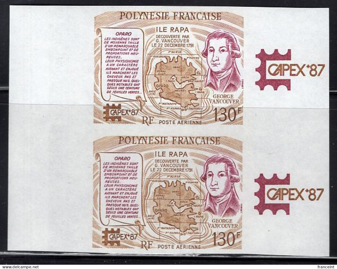 FRENCH POLYNESIA(1987) George Vancouver. Map Of Rapa Island. Imperforate Pair. Capex 87. Scott No C225, Yvert No PA197 - Sin Dentar, Pruebas De Impresión Y Variedades