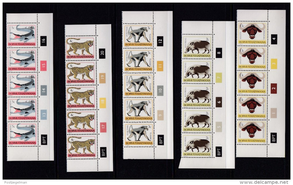 BOPHUTHATSWANA, 1977, MNH Controls Strips Of 5, Definitives Animals, M 1-17 - Bofutatsuana