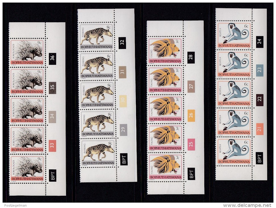 BOPHUTHATSWANA, 1977, MNH Controls Strips Of 5, Definitives Animals, M 1-17 - Bofutatsuana