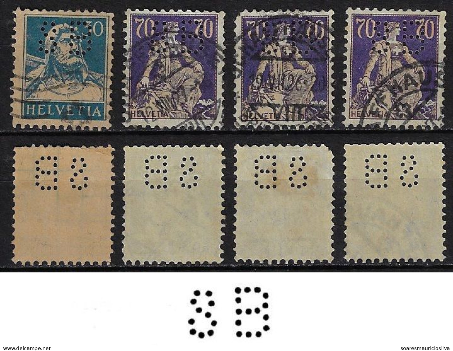 Switzerland 1919/1928 4 Stamp With Perfin SB By Schweizerische Bankverein Bank In Schaffhausen Lochung Perfore - Perfins