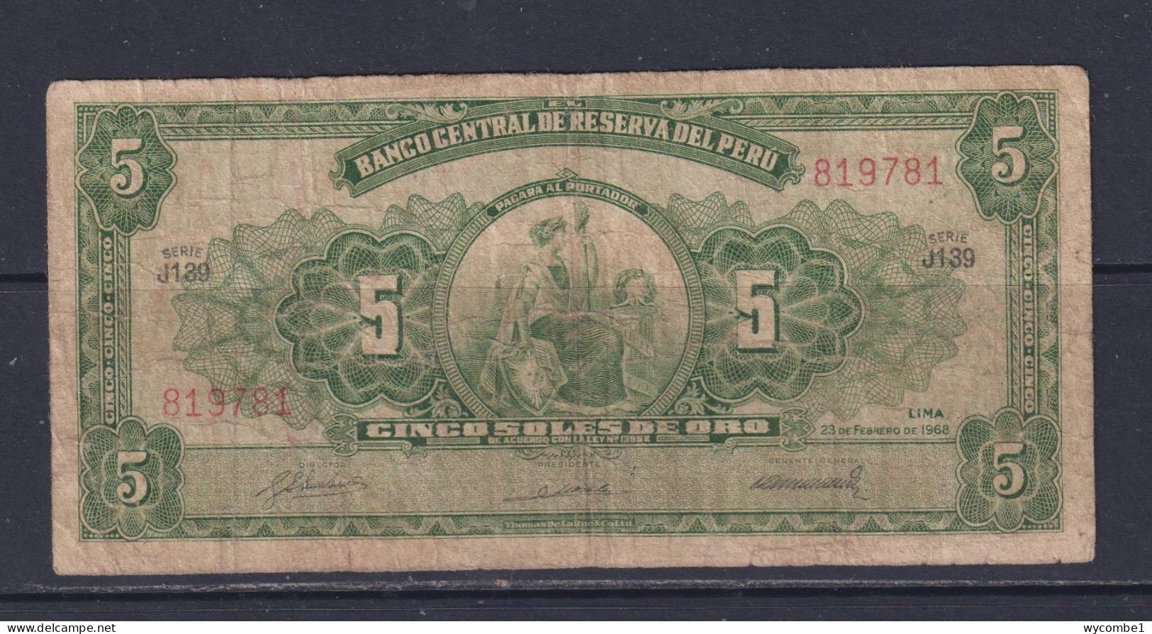 PERU -  1968 5 Soles Circulated  Banknote - Perù