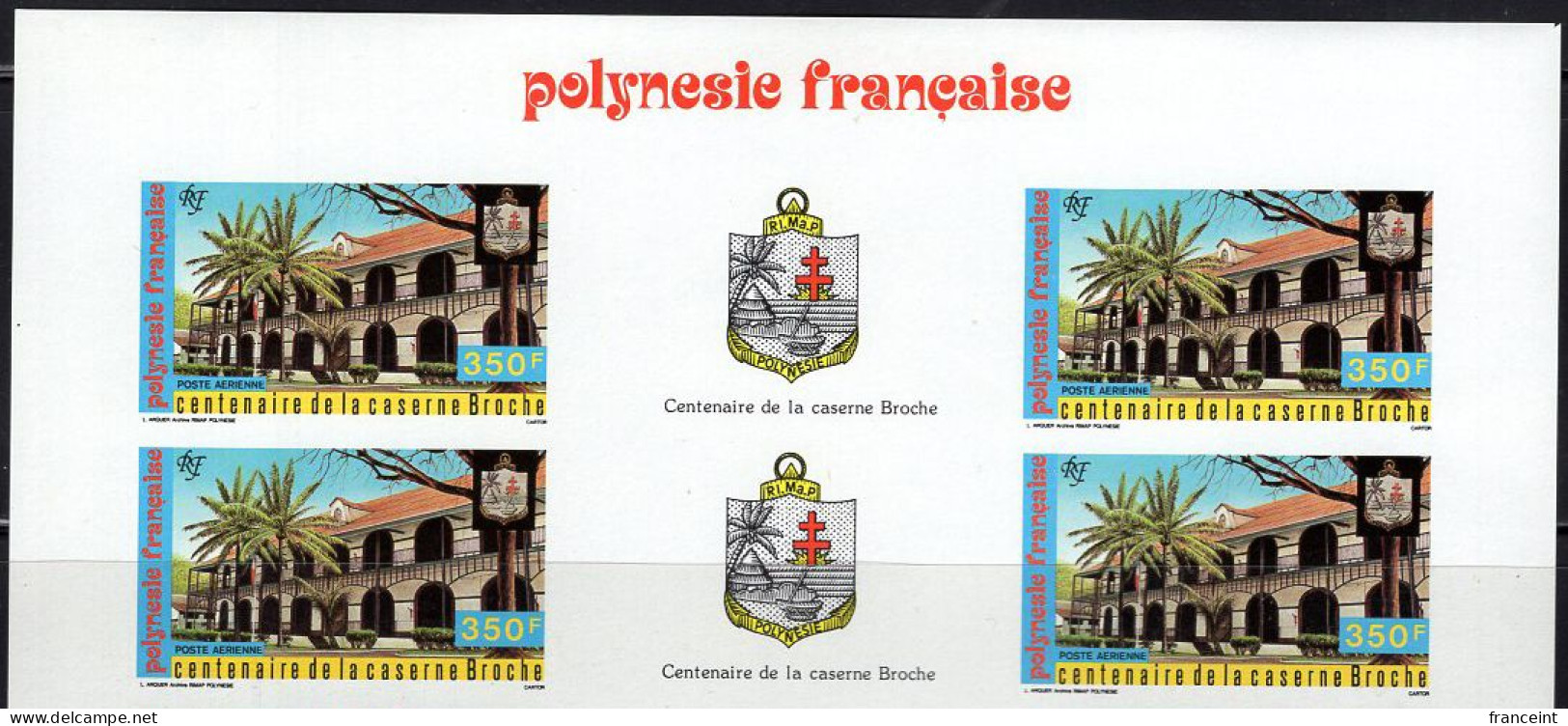 FRENCH POLYNESIA(1987) Broche Barracks. Imperforate Corner Block Of 4 With Gutter. Scott No C224, Yvert No PA196. - Imperforates, Proofs & Errors