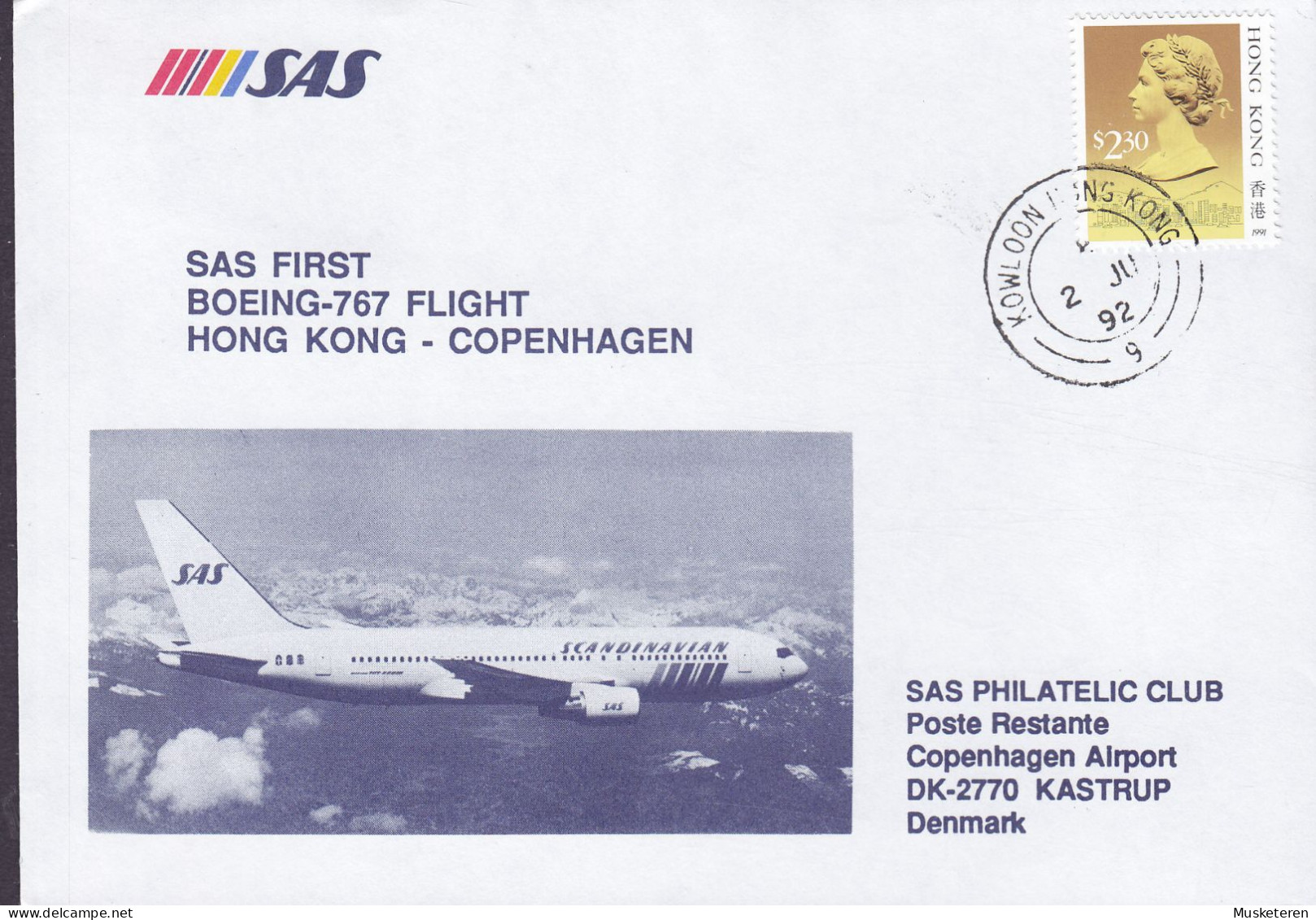 Hong KONG SAS First Boeing-767 Flight HONG KONG-COPENHAGEN, KOWLOON 1992 Cover Brief Lettre QEII 2.30$ (1991) - Lettres & Documents